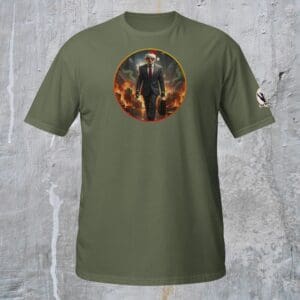 Green t-shirt with festive graphic design.