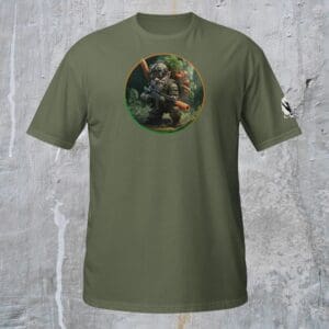 Green t-shirt with soldier graphic design.