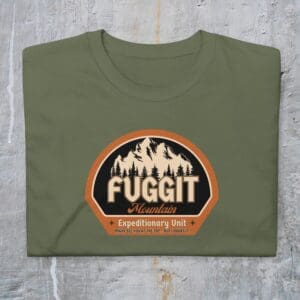 Green t-shirt with mountain expedition logo.