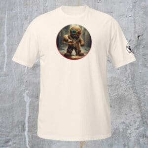 White t-shirt with teddy bear astronaut design.