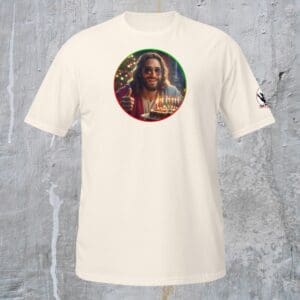 White T-shirt with festive printed design.