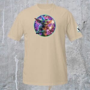 Beige T-shirt with colorful gremlin design.
