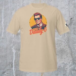 Beige shirt with retro sunglasses graphic.