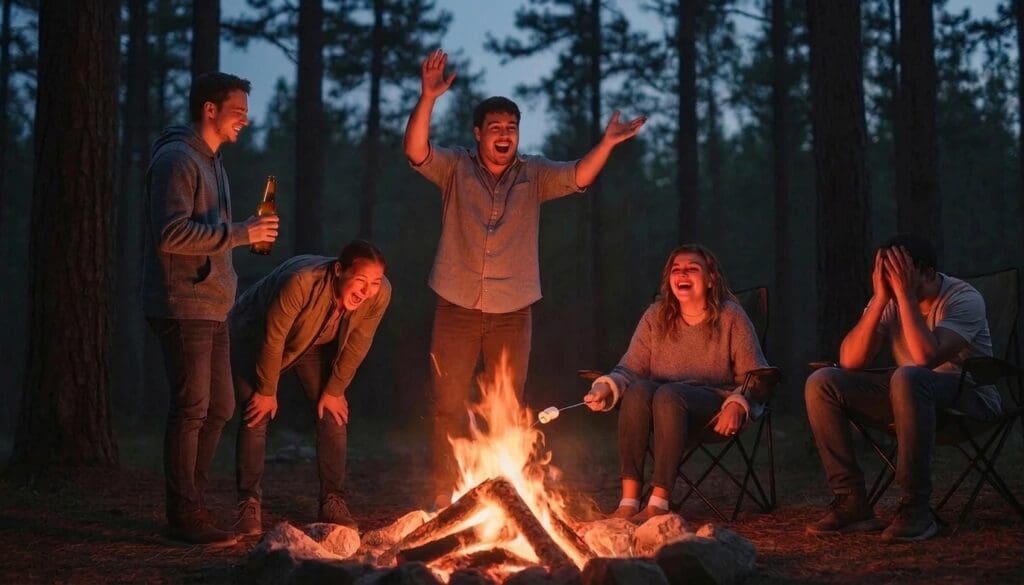 people around campfire laughing and telling stories and having a good time